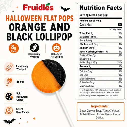 Vista 2 de Fruidles 20 paletas planas de Halloween Pops naranja y negro, ideales para rellenos de bolsas de golosinas de Halloween, regalar, 0.28 oz Pops