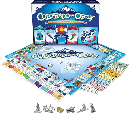 Vista 2 de Late for The Sky Colorado-Opoly Juego de mesa – Colorado Travel Family Game Night, estrategia comercial de propiedades, hecho en Estados Unidos, 2-6