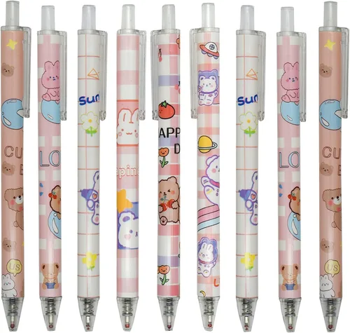 Vista 11 de Maydahui 12 bolígrafos de gel con diseño de oso de dibujos animados para niñas, bolígrafos retráctiles de impresión animal de tinta negra