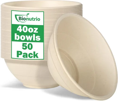 Vista 12 de Cuencos de papel grandes de 32 onzas, paquete de 50 unidades, resistentes, biodegradables y aptos para microondas, cuencos de bagazo ecológicos
