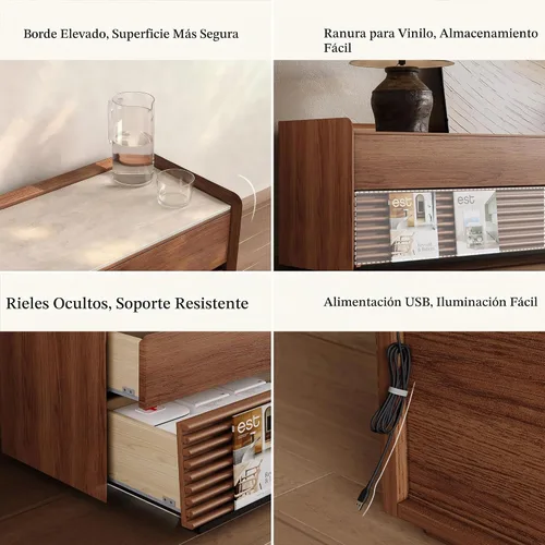 Vista 7 de POVISON Soporte de TV completamente ensamblado de mediados de siglo de piedra sinterizada mate, consola multimedia de madera de 70.87" con luz LED