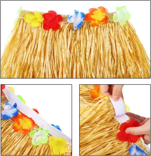 Vista 3 de Juego de 3 faldas de hierba para niños y niñas, falda elástica hawaiana de hierba con flores Leis para Luau Party Costume Set, Multicolorido