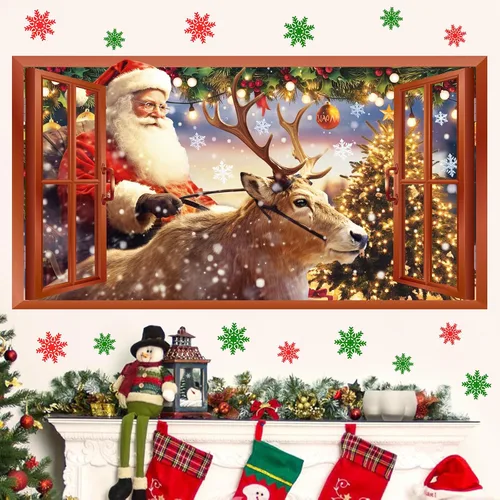Vista 10 de Calcomanías de Pared de Navidad, Pegatinas de Papá Noel para Decoraciones de Pared de Navidad Interior, Calcomanías de Ventana Falsa de Navidad