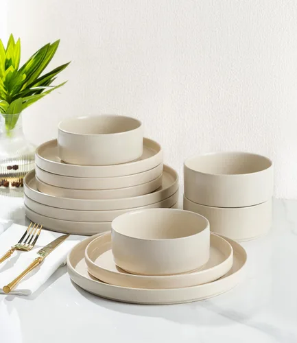 Vista 41 de TheTerra Juego de vajilla de cerámica para 4, juego de 12 platos y cuencos ligeros de porcelana, resistente a los arañazos, apto para horno
