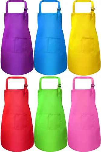 Vista 8 de Syhood Paquete de 6 delantales para niños a granel con 2 bolsillos ajustables para niños, delantal de chef artístico, para cocinar, hornear, pintar