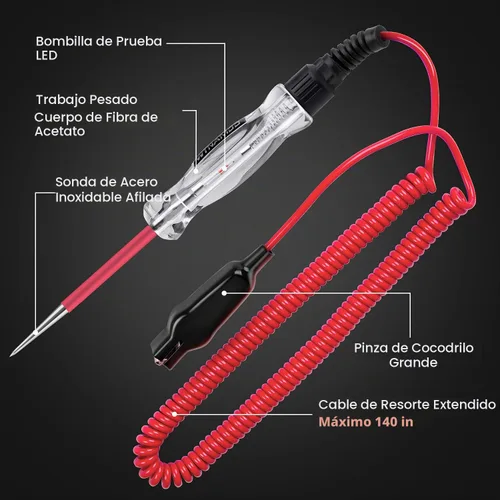 Vista 3 de Probador de circuito automotriz de bombilla LED premium, luz de prueba de 6-24 V con cable de resorte extendido de PU de 135 pulgadas, probador