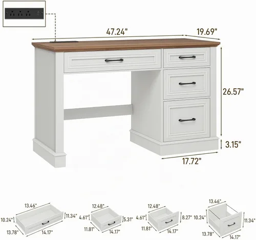 Vista 2 de Vabches Farmhouse 47" Executive Desk with Charging Station, Unique White Blanco único