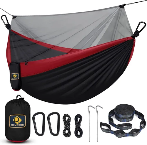 Vista 13 de Qevooon Hamaca de camping con red, hamacas ligeras portátiles de viaje con correas para árboles y mosquetones sólidos en forma de D, hamaca de Negro