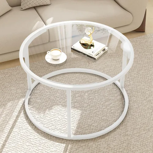 Vista 7 de Mesa de café redonda, pequeña mesa de café negra para sala de estar, mesa central moderna de 27" con tapa de vidrio transparente y marco de metal