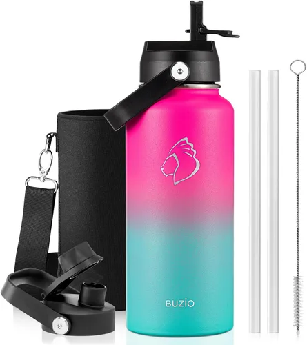 Vista 57 de BUZIO Botella de agua aislada de 24 oz, frasco de agua de boca ancha de acero inoxidable con tapa de pajita, frío durante 48 horas a prueba de Negro