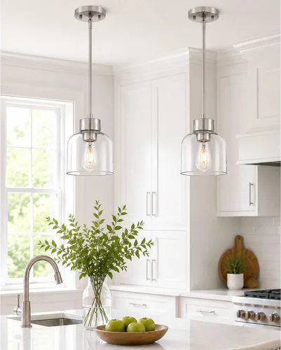 Vista 11 de Luces Colgantes Negras para Isla de Cocina, Accesorios de Luces Colgantes de 7" con Pantalla de Vidrio Transparente, Iluminación Colgante Moderna