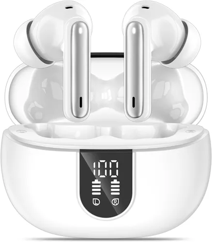 Vista 9 de Auriculares inalámbricos, auriculares Bluetooth 5.3, 40 horas de reproducción, estéreo de graves profundos, pantalla de alimentación LED Púrpura