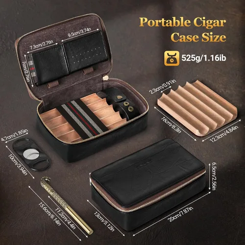 Vista 6 de Humidor de puros, humidor de puros de viaje de cuero, estuche portátil para puros con potenciador de tiro de puros y cortador de puros multifunción