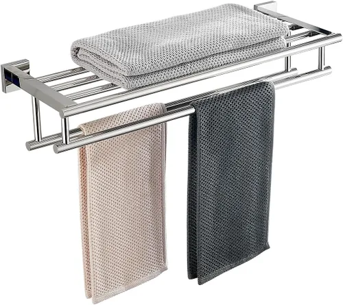 Vista 8 de Toallero para baño de 20 pulgadas montado en la pared con barra doble de níquel cepillado, estante de toallas SUS304 de acero inoxidable para pared