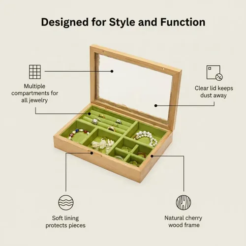 Vista 2 de pandapark Joyero de madera con tapa de vidrio, vitrina de almacenamiento con múltiples compartimentos, marrón nogal (cereza verde)