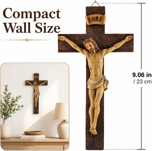 Vista 6 de Artisan Flair Cruz de pared de crucifijo de resina con cruz de Jesús, decoración de pared católica colgante (9.05 pulgadas)