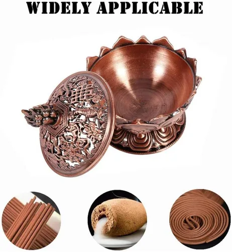 Vista 2 de Quemador de incienso, bronce antiguo chino estilo asiático, flor de loto, quemador de incienso de reflujo, quemador de incienso de humo, soporte