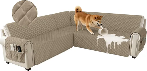 Vista 9 de Fundas impermeables para sofá seccional de esquina en forma de L, de terciopelo, juego de 6 piezas, funda en forma de U para sofá, para perros