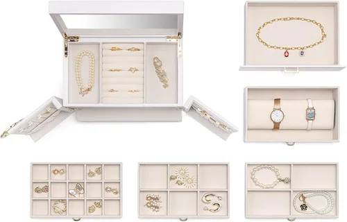 Vista 5 de Vlando Organizador grande de joyería de piel sintética con 5 dibujos, aretes, collares, anillos, cajas de reloj para mujeres y niñas (blanco)