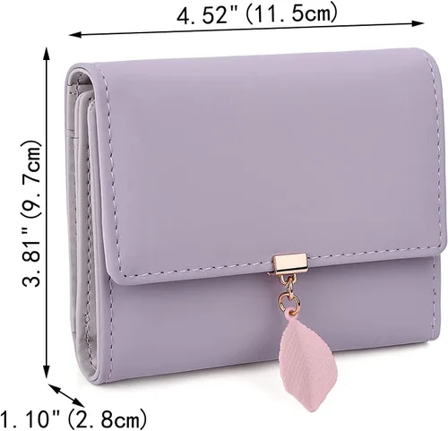 Vista 179 de UTO - Cartera pequeña RFID de piel sintética con dije de hoja, cierre de cremallera y tarjetero.