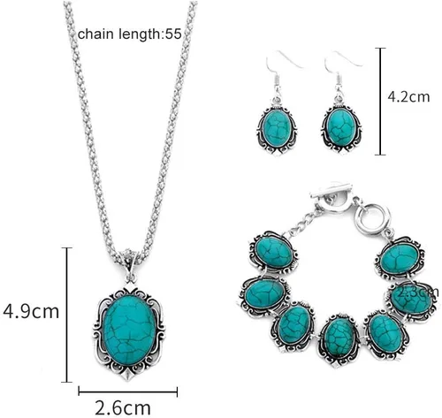 Vista 7 de Collar de San Valentín 4 unidsset vintage de imitación turquesa flor colgante collar gancho pendientes pulsera verde