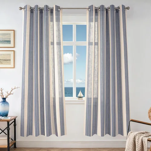 Vista 75 de DriftAway Cortinas de estilo granja con rayas verticales de lino mezclado texturizado con filtro de luz semitransparente para sala de estar