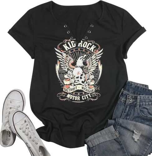 Vista 2 de SFHFY Kid Rock Skeleton Eagle - Camiseta para mujer, diseño vintage de Nashville Rock Roll Music Shirts Funny Motor City Graphic Skull Top