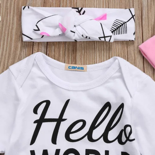 Vista 3 de Conjunto de 3 piezas de ropa para bebé recién nacido, estampado de Hello World, manga larga, pantalones largos, gorro, conjunto de 3 piezas
