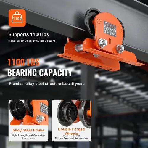 Vista 4 de Electric Hoist Manual Trolley, 1100 lbs Capacity, Dual Wheel Push Beam Trolley for PA200 PA250 PA300 PA400 PA500, Heavy Duty Engine Hoist (1 Ton)