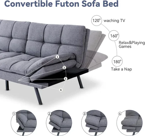 Vista 3 de Hcore Sofá cama convertible con respaldo dividido para sala de estar, oficina, apartamento, sofá biplaza de espuma viscoelástica, sofá pequeño Gris