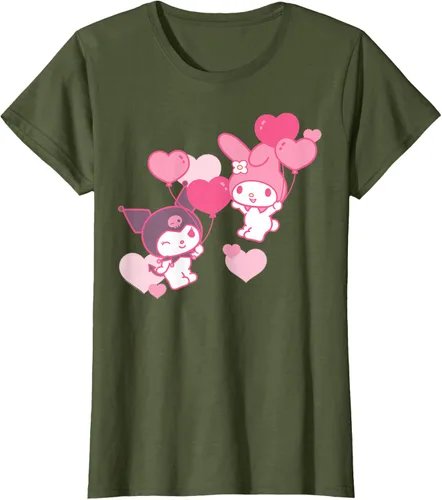 Vista 74 de Camiseta de My Melody y Kuromi con corazones del Día de San Valentín Negro