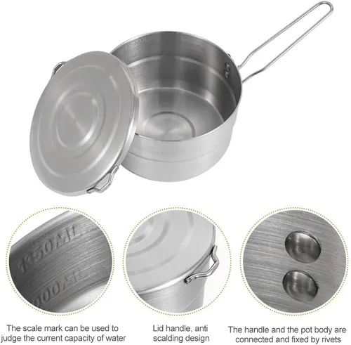 Vista 8 de DenpenTEC - Olla de acero inoxidable con tapa y mango plegable, olla Bento de gran capacidad de 1.5 L para acampar y senderismo