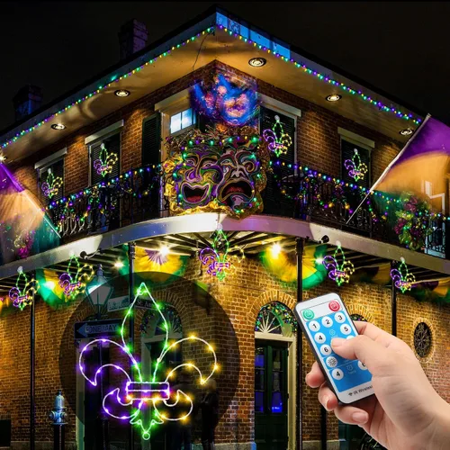 Vista 6 de Rossesay 2 luces de ventana de Mardi Gras, decoración de ventana de Mardi Gras, flor de lis, luz colgante con ventosa, control remoto, funciona