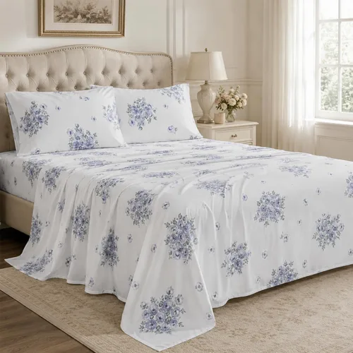 Vista 2 de HYPREST 100% Cotton Percale Sheets Queen, Blue Rose Floral Deep Pocket 16