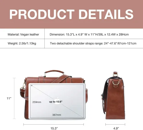 Vista 6 de ECOSUSI Mochila para mujer maletín de mensajero para laptop bolsa de cuero vegano bolsa de trabajo para portátiles de 156 pulgadas café