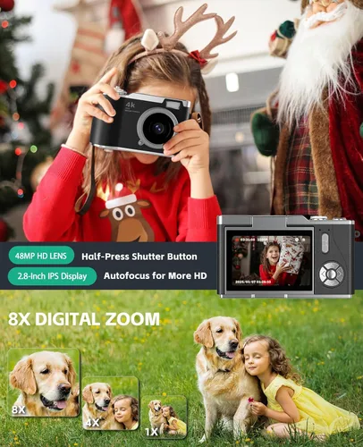 Vista 2 de Cámara para niños, cámara digital 4K para fotografía, cámara de video selfie HD 1080P de 48MP, con pantalla giratoria de 180° y flash, con tarjeta