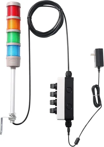 Vista 4 de Luz LED de torre Andon de 4 pilas con zumbador Red/Yellow/Green/Blue, On/Off, ABB Switch, 16 ft Extension Cable, Mean Well 120V-24V Adapter