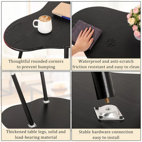 Vista 6 de Mesa de centro pequeña, mesa de centro de nube negra para espacios pequeños, mesa central moderna única e irregular con patas de madera, mesa
