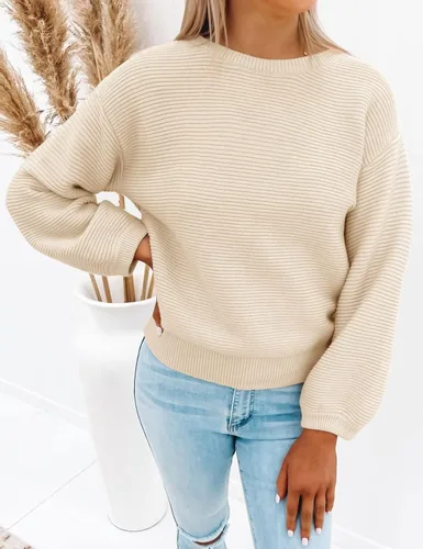 Vista 3 de ZESICA Women's 2024 Crew Neck Long Lantern Sleeve Casual Loose Ribbed Knit Solid Soft Pullover Sweater Tops