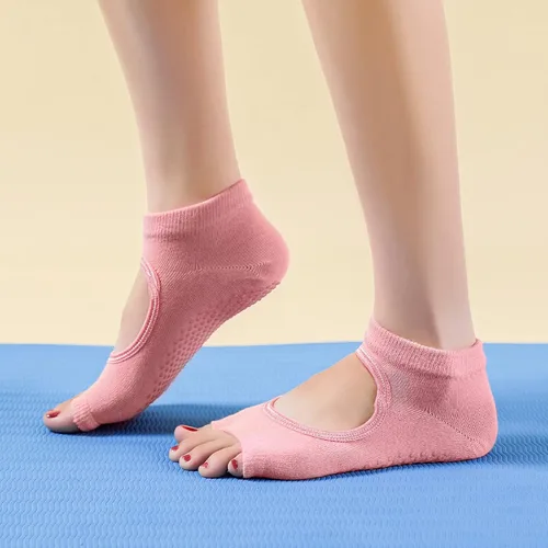 Vista 5 de 4 Pairs Pilates Toeless Socks Non Slip Grip Barre Ballet Yoga Socks for Women Anti Skid Cotton Socks for Dance