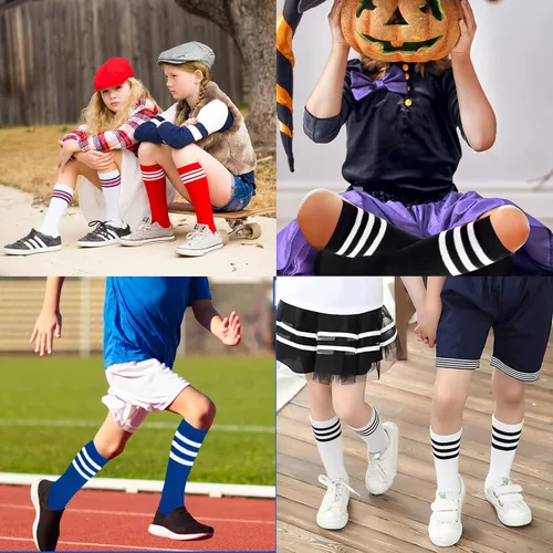 Vista 4 de American Trends Calcetines de fútbol para niños pequeños y niñas, calcetines altos hasta la rodilla, calcetines deportivos de algodón, calcetines