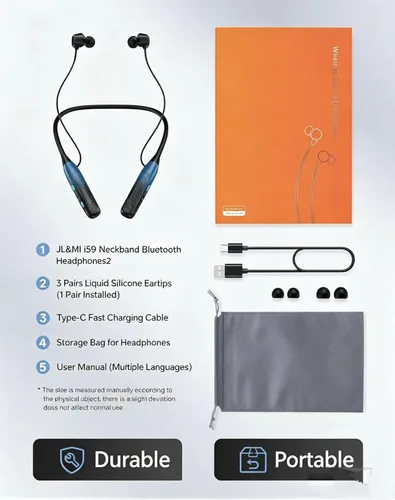 Vista 7 de JL&MI Neckband - Auriculares Bluetooth con batería extra de 1000 horas, con cancelación de ruido, 80 horas de reproducción, auriculares para correr