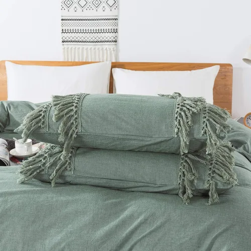Vista 3 de Softta Juego de funda de edredón de 3 piezas de tamaño individual bohemio con borlas, color verde salvia, 100% algodón lavado con flecos, cierre