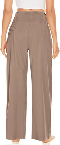 Vista 3 de UEU Pantalones de cintura alta con volantes fruncidos y pierna ancha para mujer, estilo casual, holgados, pantalones de yoga con bolsillos