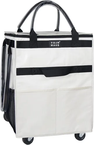Vista 8 de Bolsa de comestibles reutilizable sobre ruedas, carrito de compras con 8 bolsillos y cubierta con cremallera, bolsa plegable con ruedas, asas