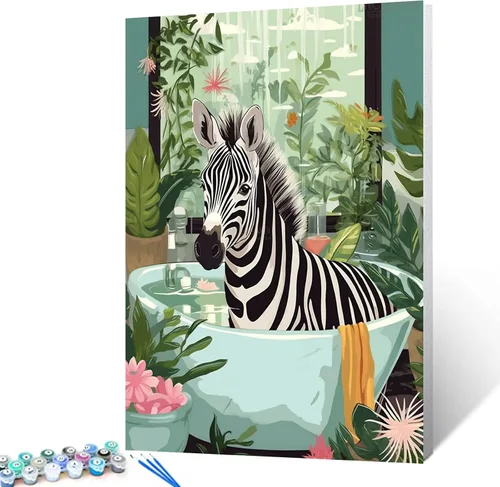 Vista 2 de Pintura por números para adultos, baño, animales, bricolaje, pintura al óleo digital, pintura acrílica, cebra, arte de pared, hojas verdes, bañera