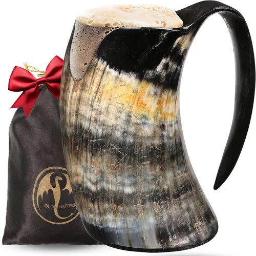 Vista 10 de OLDEMPEROR - Cuerno vikingo de 12 pulgadas con cuerno, taza de cerveza hecha a mano, grado alimenticio, buey genuino único con soporte de hierro