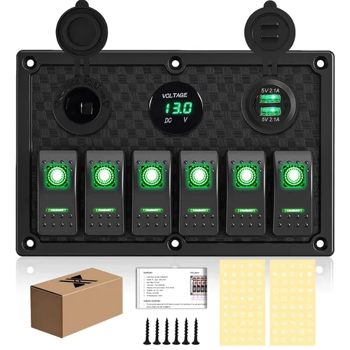 Vista 28 de Panel de interruptores de barco marino de 5 posiciones con cargador USB dual y voltímetro, panel de interruptores basculantes de aluminio