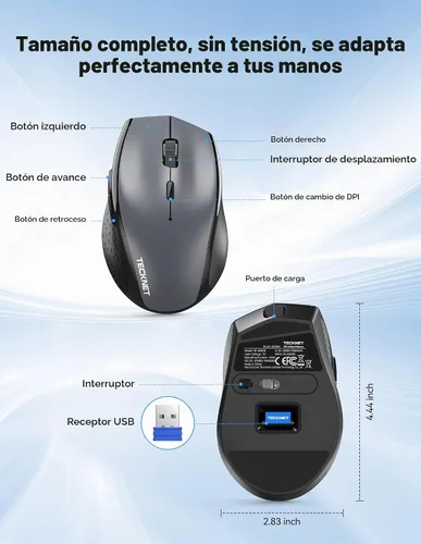 Vista 6 de TECKNET Ratón recargable, ratones silenciosos ergonómicos de 2.4 GHz con 6 Gris
