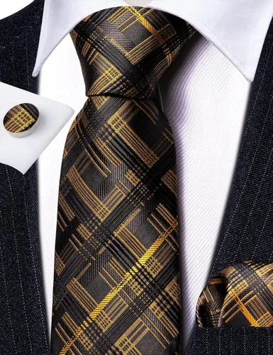 Vista 136 de Barry.Wang Juego de corbatas a cuadros para hombre con pañuelo gemelos de rayas clásicas